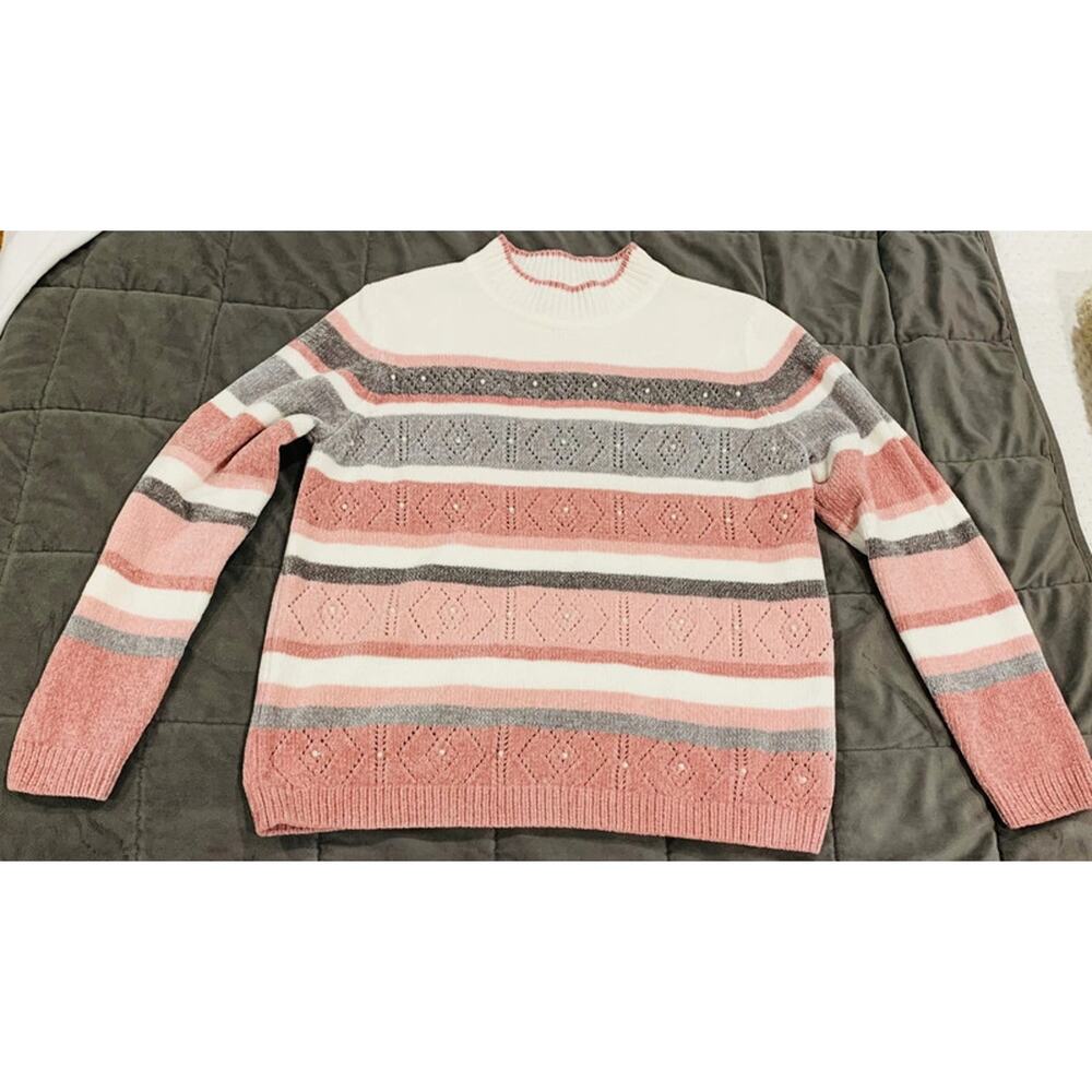 Alfred Dunner Vintage Sweater Petite Large Chenille Pink White Striped Beaded